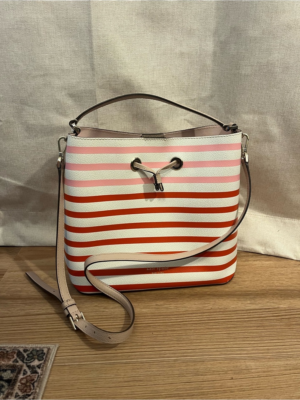 kate spade Pink, Orange and White Striped Shoulder Bucket Bag